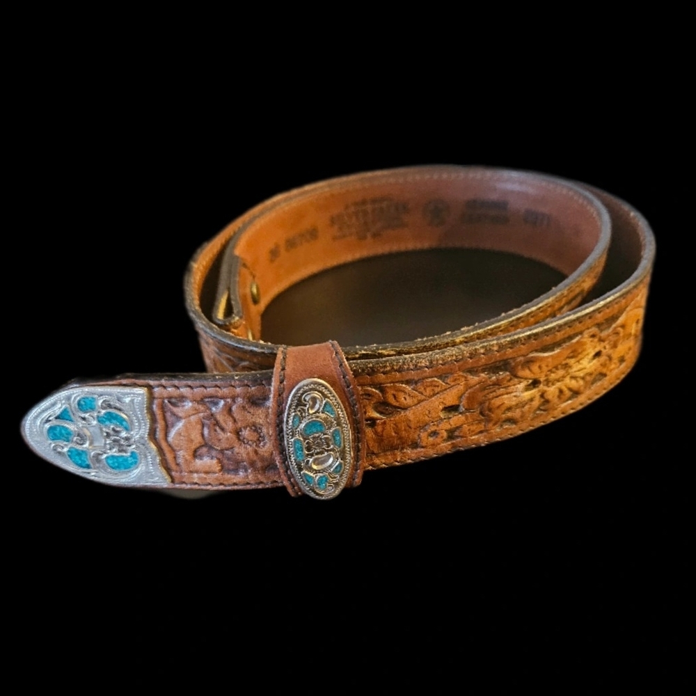 Tooled Cowboy Leather Brown Belt with Turquoise Silver Accent (Add Your Buckle)